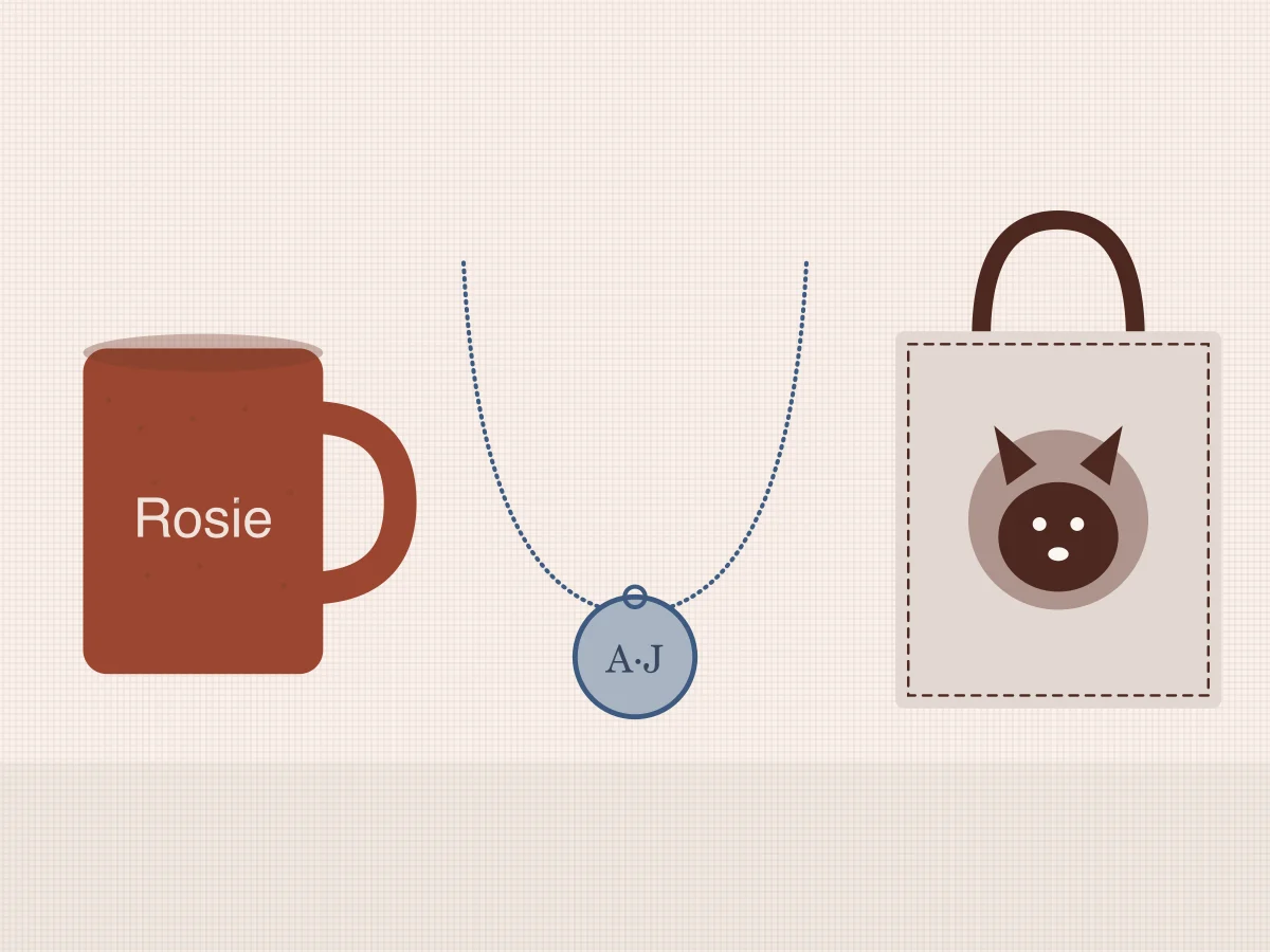 Personalized mug, initial necklace and pet portrait tote